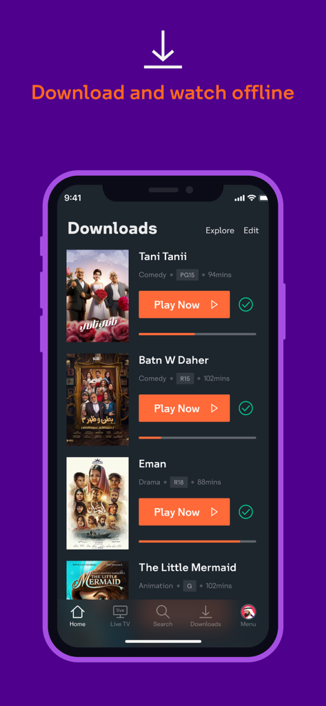 stc tv app downloads screen showing movies available for offline viewing