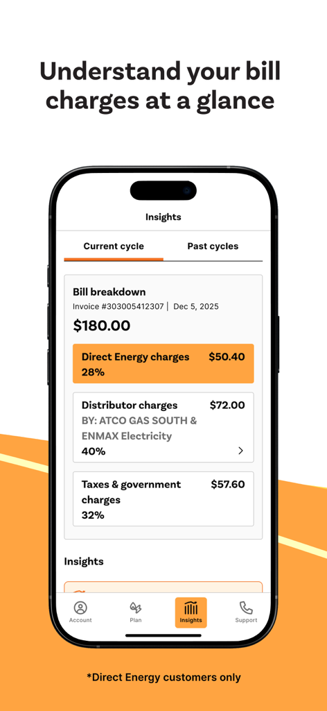 Direct Energy Canada - Mobile app screen showing a detailed breakdown of utility bill charges and energy insights.