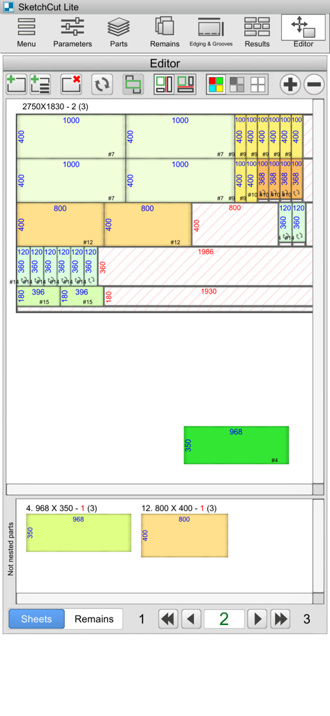 SketchCut Lite app showing an optimized cutting diagram for sheet materials with part dimensions