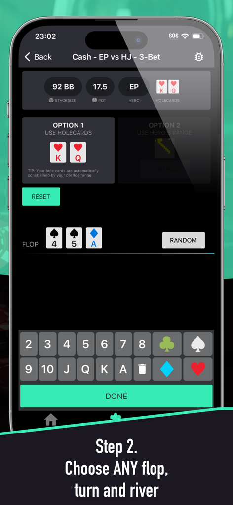 Selecionando cartas de pôquer para análise de flop, turn e river no aplicativo Poker Solver plus