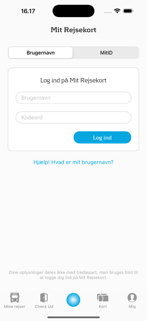 Écran de connexion de l'application Rejsepartner pour Rejsekort avec les champs nom d'utilisateur et mot de passe