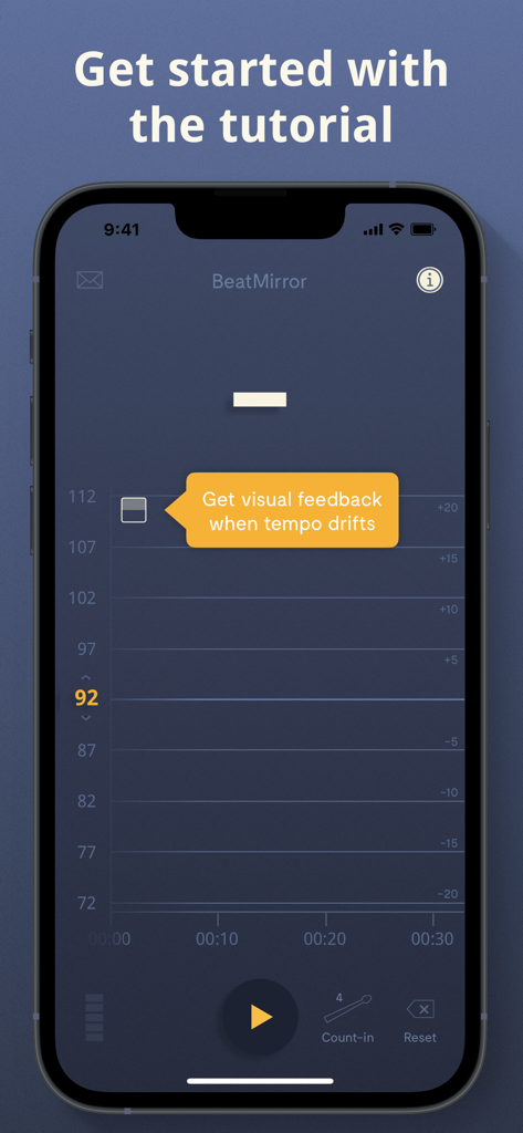 BeatMirror app tutorial screen on an iPhone showing real-time tempo tracking and visual feedback for tempo drift