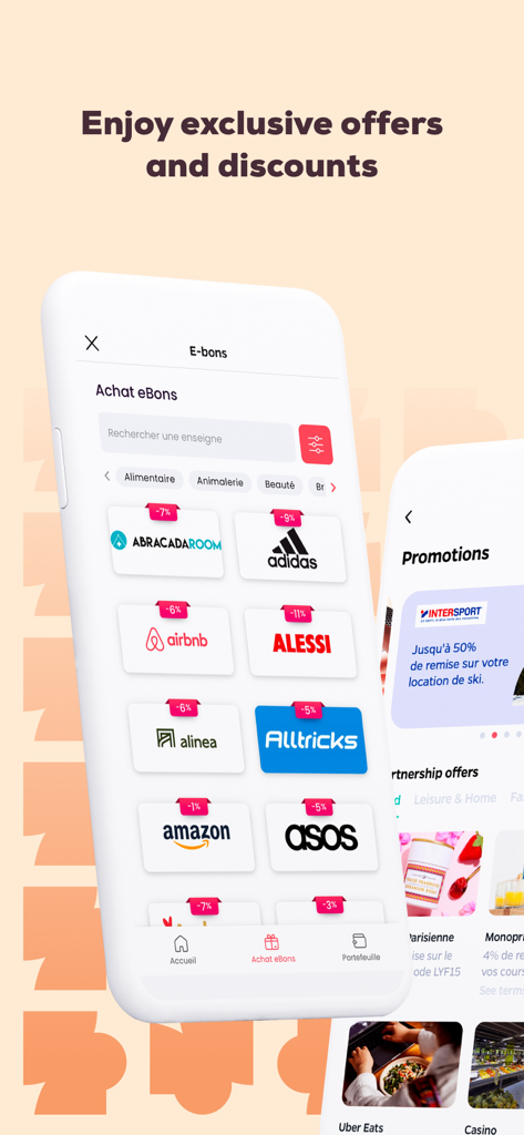 Lyf Pay - Lyf Pay app interface showing exclusive digital vouchers and discounts for brands like Airbnb, Adidas, and Amazon