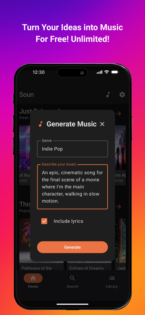 AI Music & Songs Maker - Soun app interface showing the Generate Music modal with fields for genre and song description.