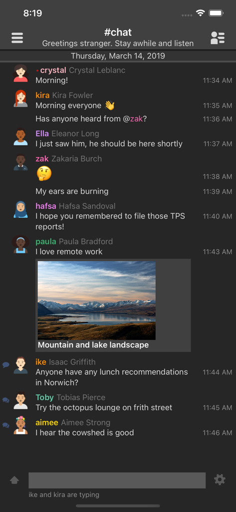 IRCCloud - IRCCloud mobile app chat screen with dark theme and shared photo