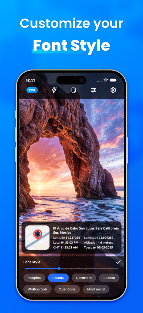 Mobile App-Oberfläche, die Optionen zur Anpassung von Schriftstilen für GPS-Standort- und Zeitstempel-Overlays auf einem Foto zeigt