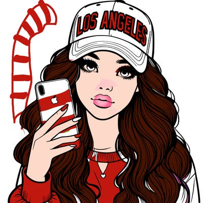 realistic beautiful girl wearing los ángeles cap holding an iphone