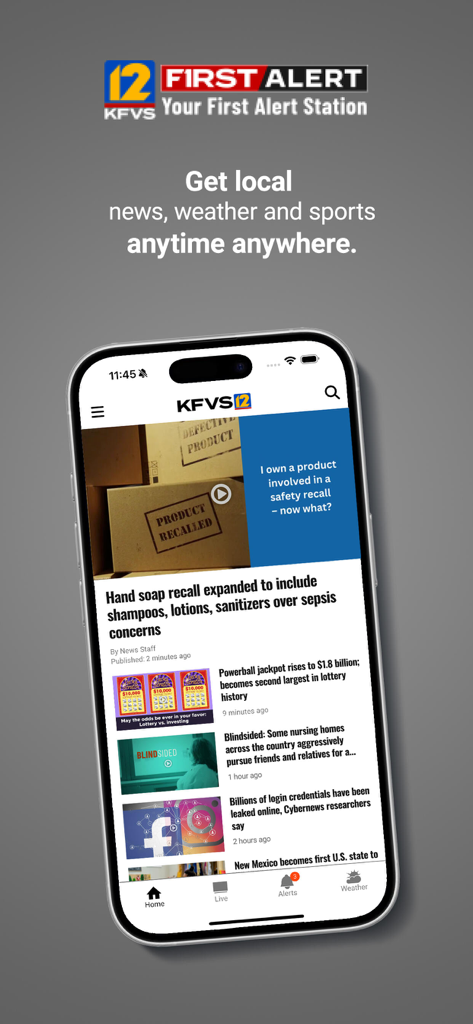Smartphone displaying the KFVS12 Heartland News app with local headlines and First Alert weather navigation.