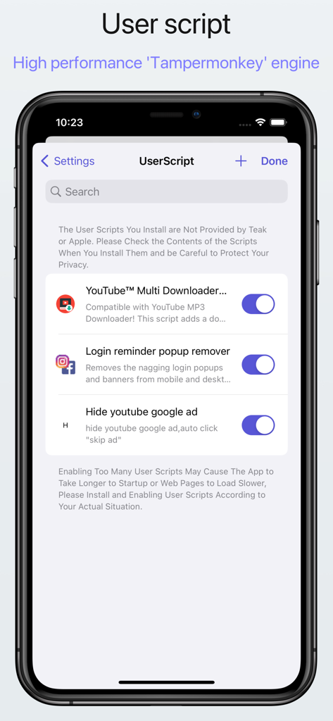Teak Browser: User Script - Interface do Teak Browser para gerenciar scripts de usuário Tampermonkey como removedores de anúncios e downloaders de vídeo.