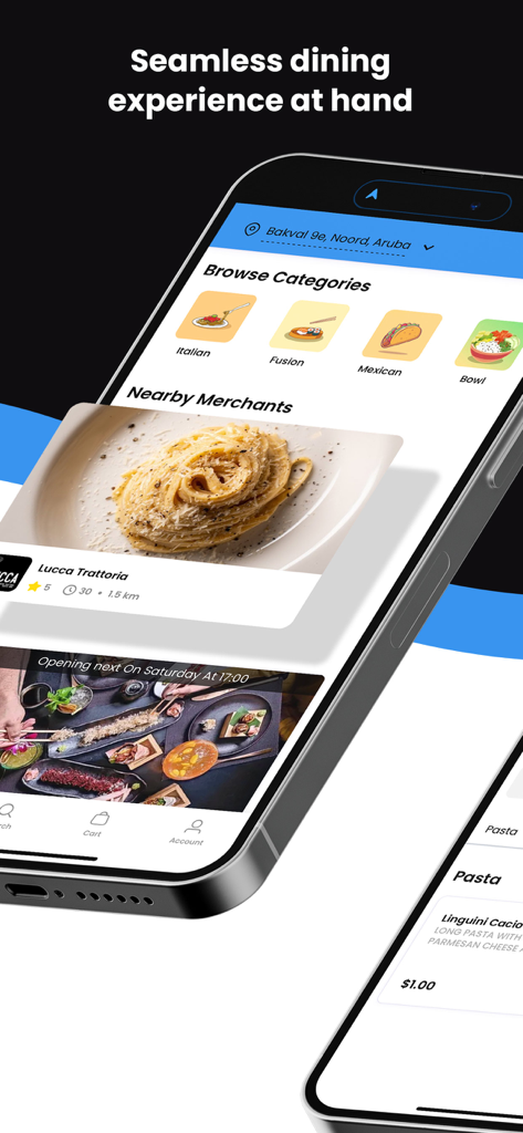 Aruba To You - Food Delivery - Mobile app interface for Aruba To You showing food categories and local restaurant listings