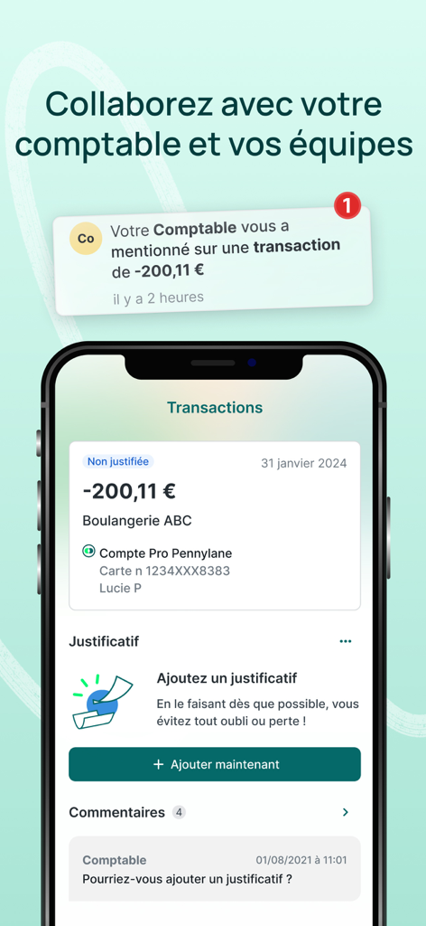 Pennylane mobile app screen showing collaboration with an accountant on a specific transaction and receipt upload