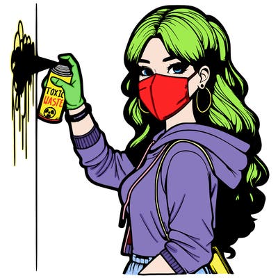 realistic girl with mask spray painting a wall