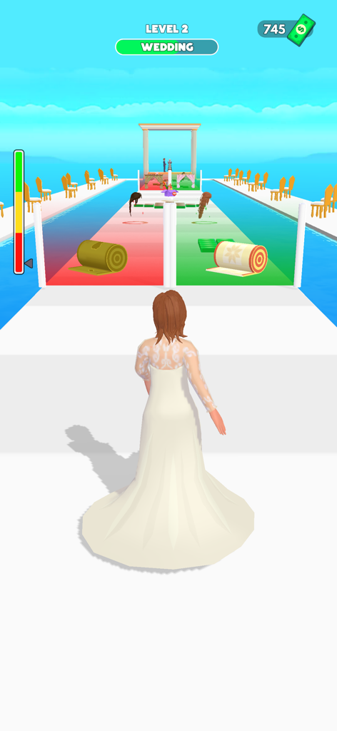Good Mom Bad Mom Run Games - A woman in a wedding dress running towards red and green choice gates in a mobile game