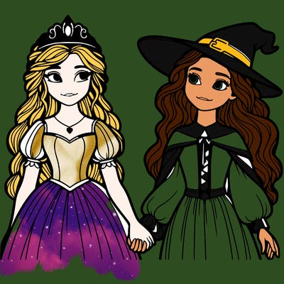 a princess and a witch holding hands realistic