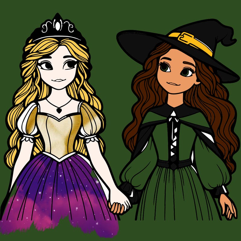 a princess and a witch holding hands realistic