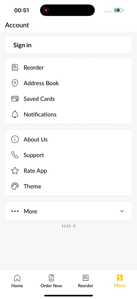 BBC Chicken & Beer - Account settings and user profile screen of the BBC Chicken and Beer app showing options for reordering and support.