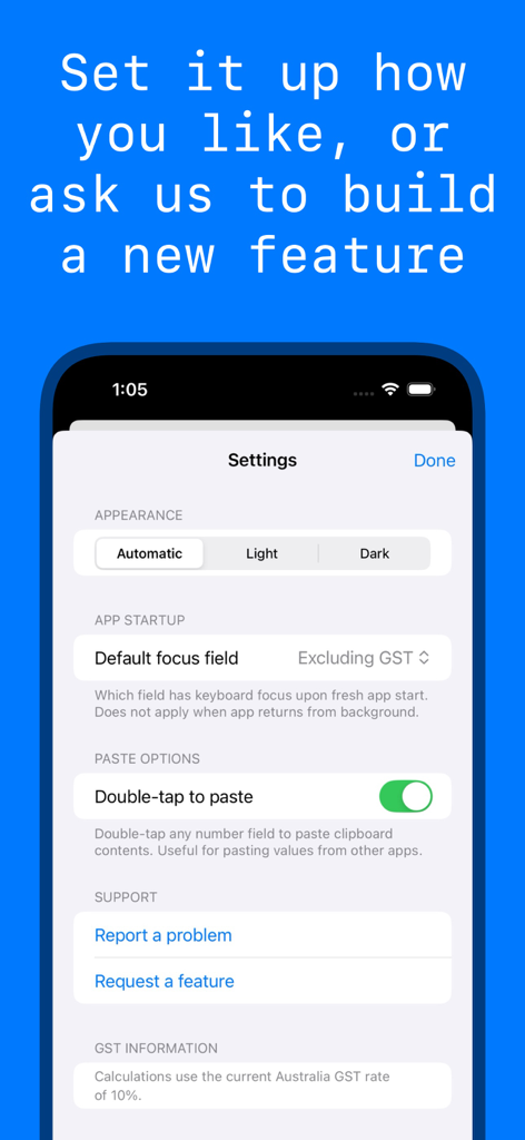 Australia GST - Tax Calculator - オーストラリアGSTアプリの設定画面。外観とペーストオプションが表示されています。