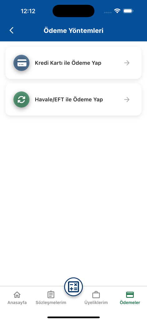 Mobile app interface of Emlak Katilim Tasarruf Finans showing payment options including credit card and wire transfer.