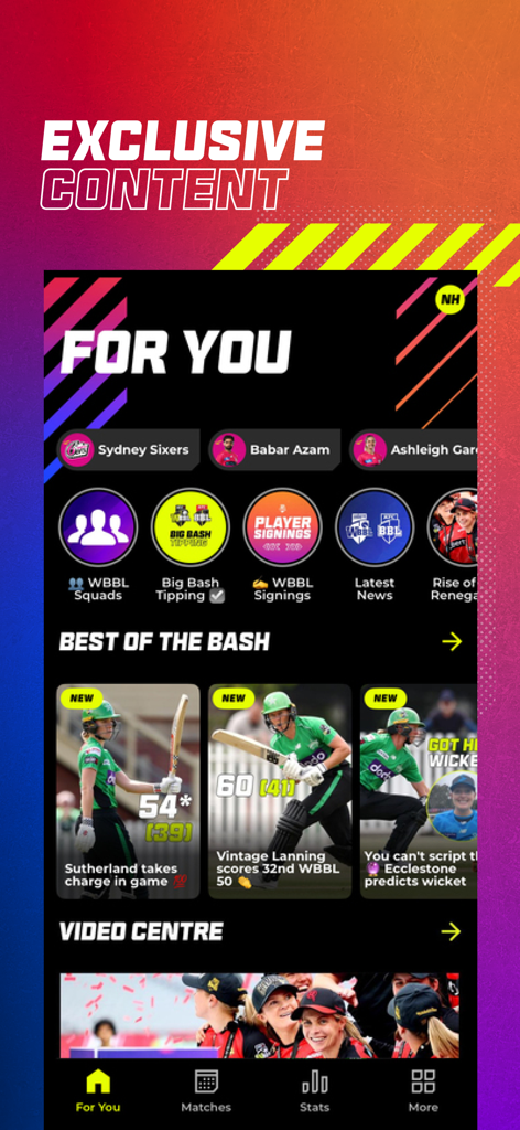 Big Bash - Uma captura de tela do aplicativo Big Bash mostrando destaques personalizados de críquete e conteúdo de vídeo exclusivo.