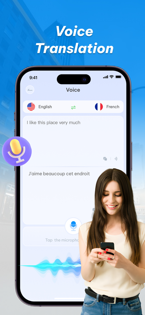 SpeakEasy Translator - SpeakEasy Translator app showing voice translation from English to French