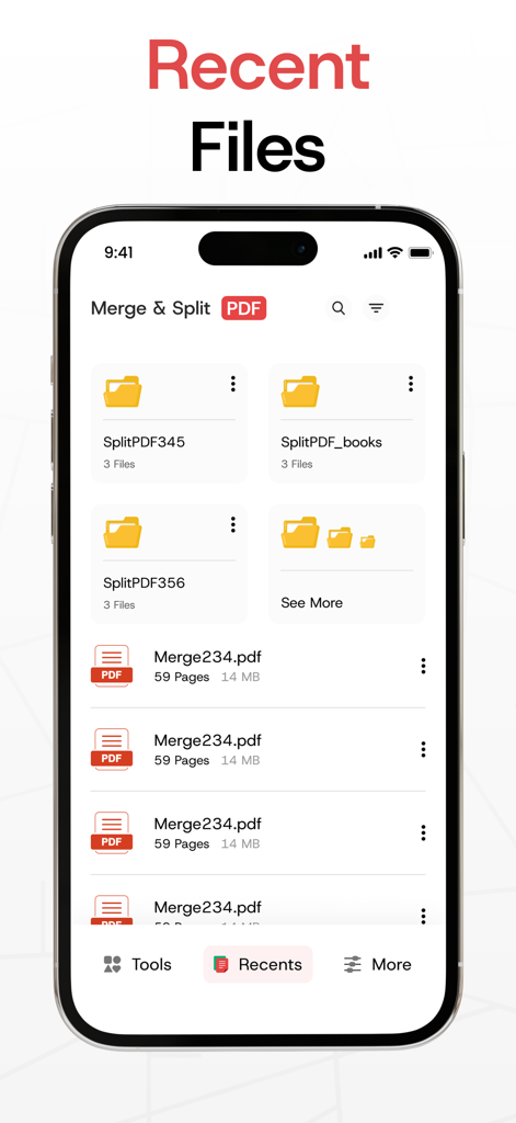 Merge PDF Files－Split PDF Docs - Oberfläche für kürzlich verwendete Dateien in der Merge PDF-App, die Ordner und Dokumente anzeigt