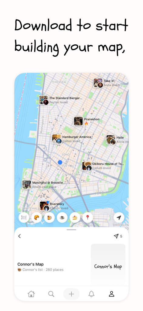 taste :) - A personalized map on the taste app showing city recommendations from friends and creators in New York City.