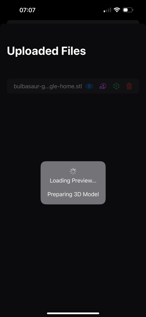 3D STL/OBJ Viewer - Una captura de pantalla de la aplicación Visor 3D STL/OBJ que muestra una pantalla de carga mientras se prepara la previsualización de un modelo 3D para un archivo subido
