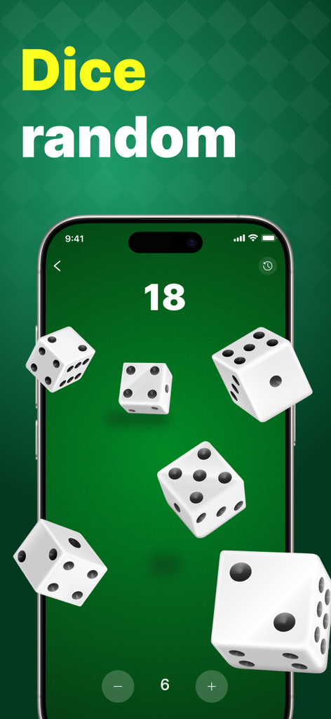 GK Decision Wheel - Mobile app screen showing a random dice roller with six white dice on a green background
