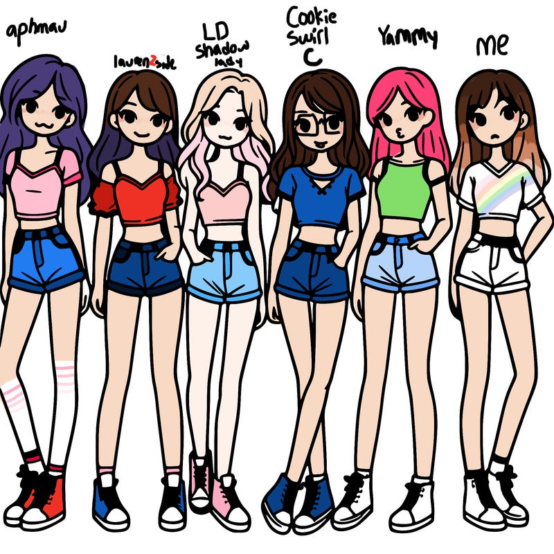 a group of girls wearing crop tops and shorts