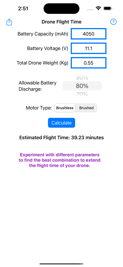 배터리 사양 및 드론 무게를 기반으로 비행 시간 계산을 보여주는 Drone Flight Time 앱 인터페이스