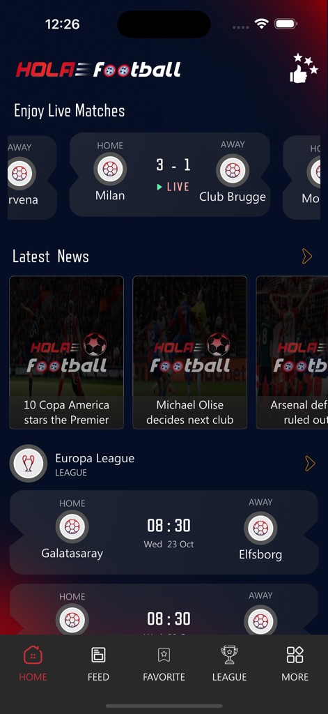 Hola Football Live - Interfaz de la aplicación Hola Football Live mostrando resultados de fútbol en vivo y noticias de fútbol