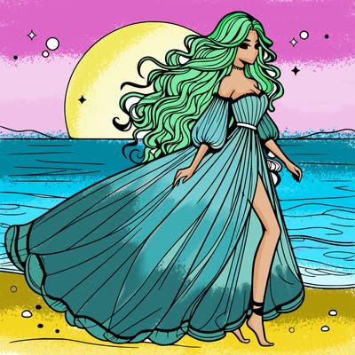 beautiful woman with a vaporous long dress walking on the beach at the noon, detailed art
