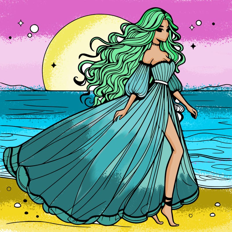 beautiful woman with a vaporous long dress walking on the beach at the noon, detailed art