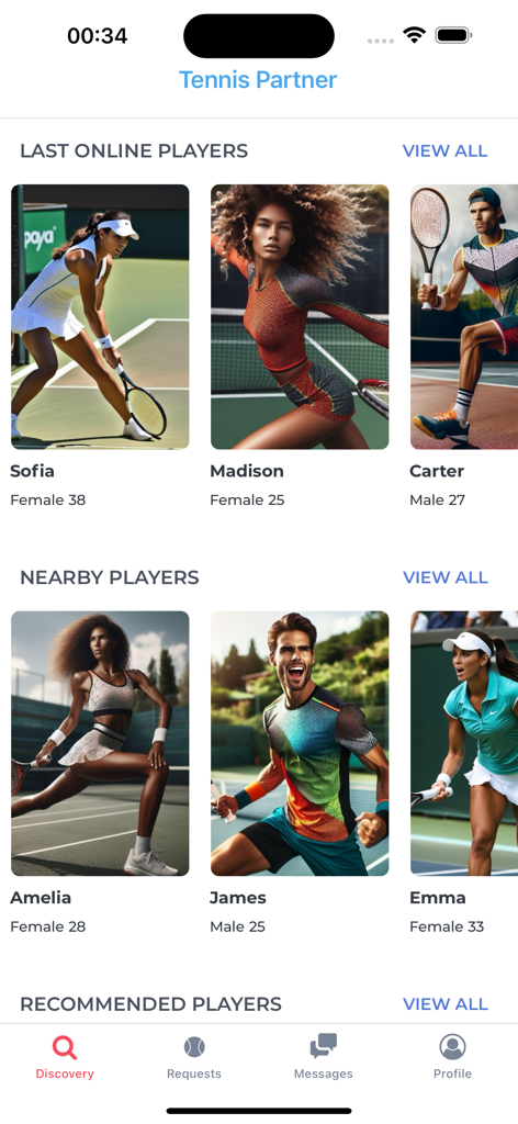 Tennis Partner - Tennis Partner app discovery screen showing player profiles with names and ages to find matches nearby