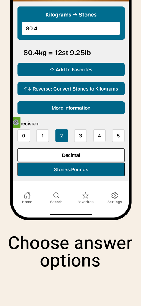 Metric Conversions Premium - Metric Conversions Premium app displaying a conversion from kilograms to stones and pounds.