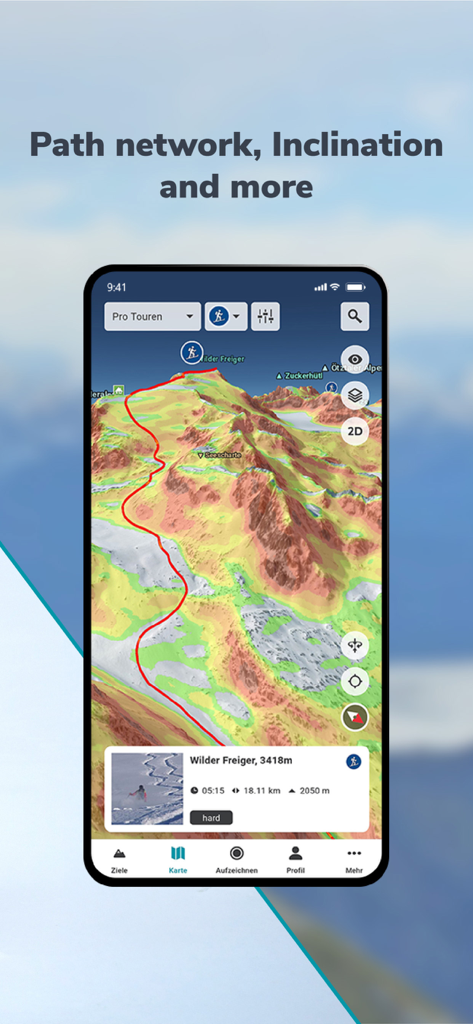 RealityMaps 3D tour planner - RealityMaps 3D interface showing a mountain route with color-coded slope inclination and terrain detail