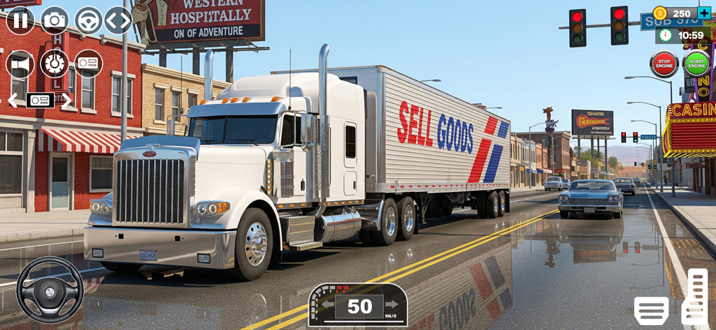 American Truck Driving Game 3d - A white semi truck driving through a city street in American Truck Driving Game 3D