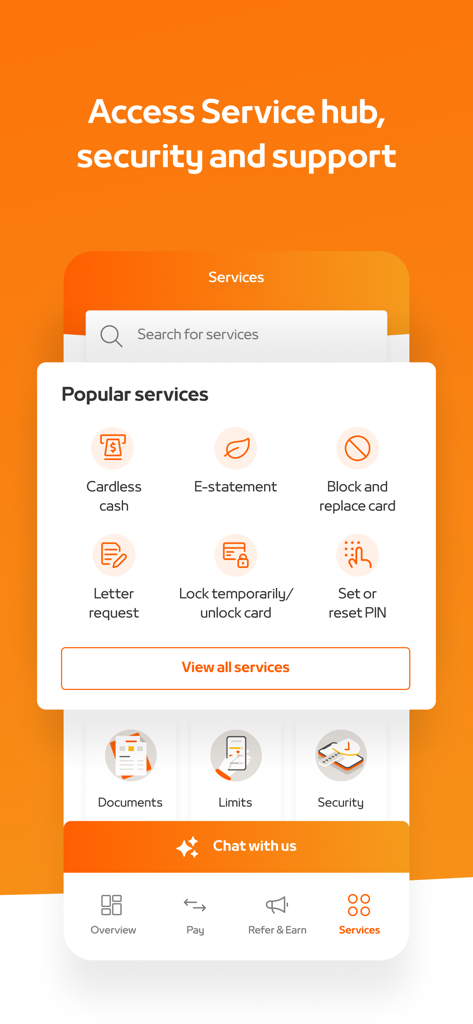 Mashreq UAE app services hub screen showing options for cardless cash, e-statements, card security, and customer chat support.