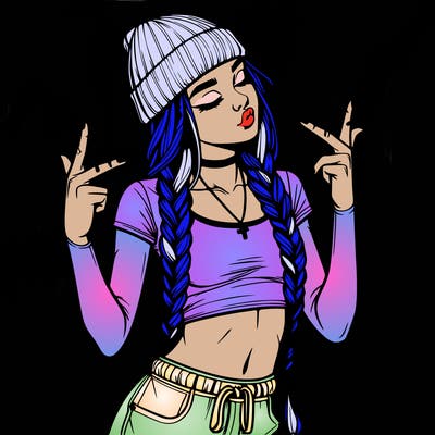 realistic teenage girl with braids and a beanie and crop top doing 🫶🏼