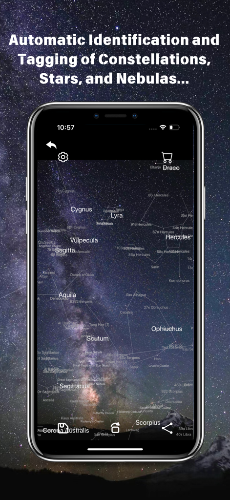 Star Identification Camera - Interface of the Star Identification Camera app showing a starry sky with automatically labeled constellations and stars like Cygnus and Sagittarius.
