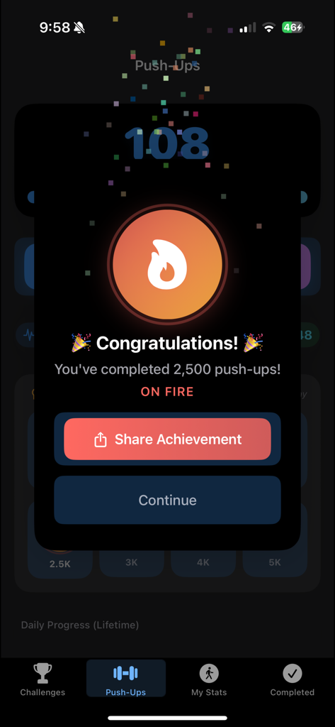 NextRep Challenge - NextRep Challenge app achievement screen celebrating 2500 completed pushups