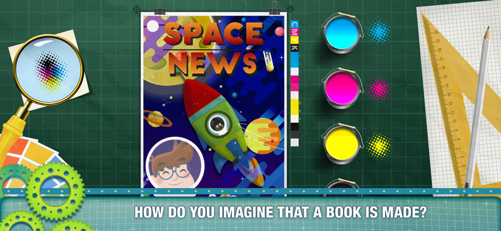 Interactive educational screen showing the book printing process with CMYK paint and a space news poster