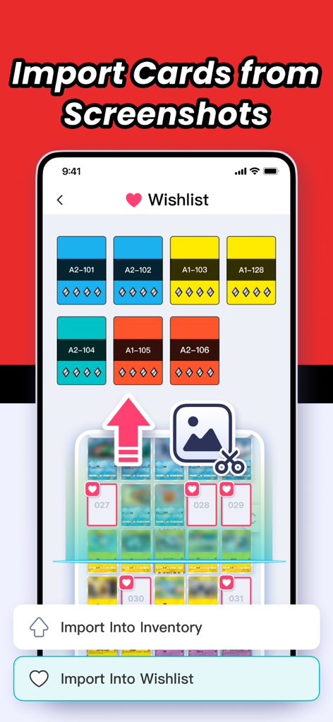 PokeHub - for TCG Pocket - Interfaccia dell'app PokeHub che mostra la funzionalità per importare carte da screenshot in una lista dei desideri o inventario per Pokémon TCG Pocket.