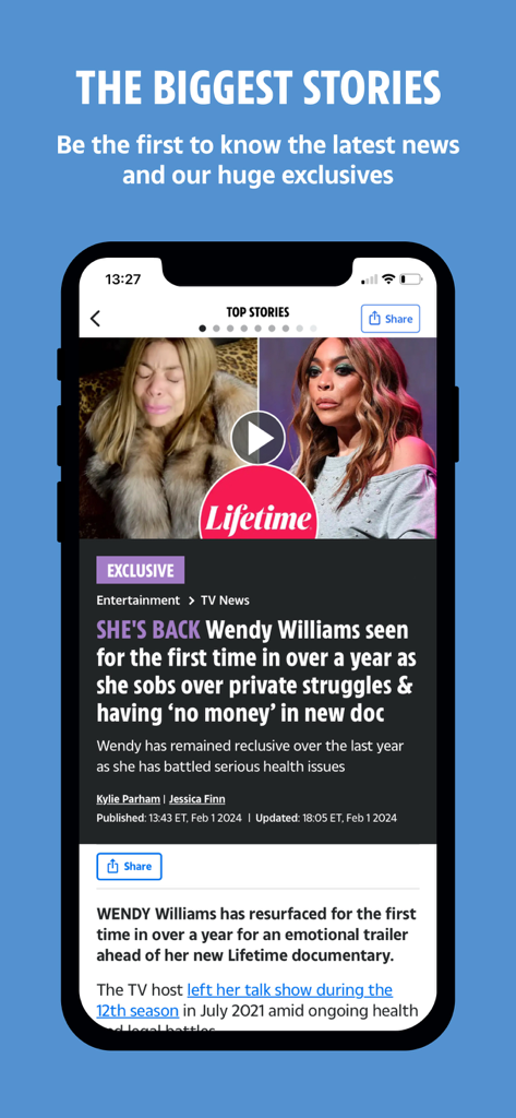 The US Sun App interface showing exclusive celebrity entertainment news and sharing features