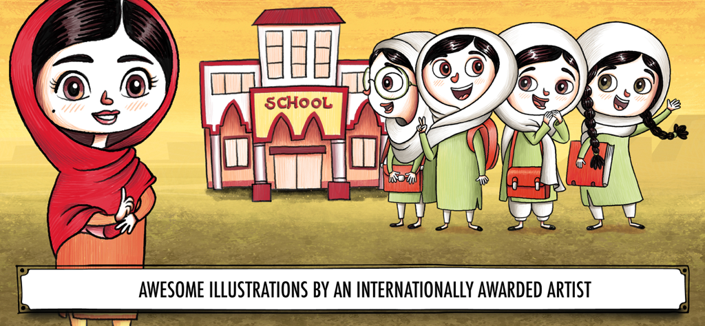 Illustration of Malala Yousafzai and schoolgirls in front of a school building