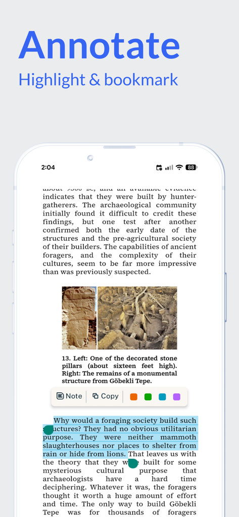 eBooks.com - Interfaccia dell'app mobile che mostra strumenti di evidenziazione del testo e annotazione in un ebook.