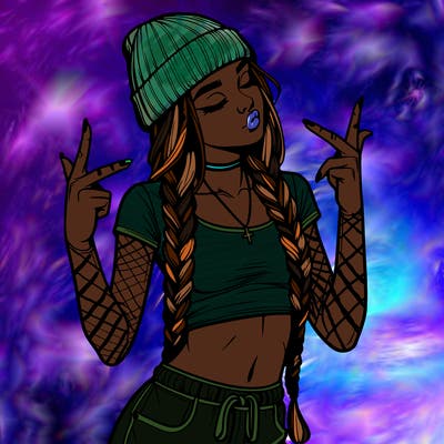 realistic teenage girl with braids and a beanie and crop top doing 🫶🏼