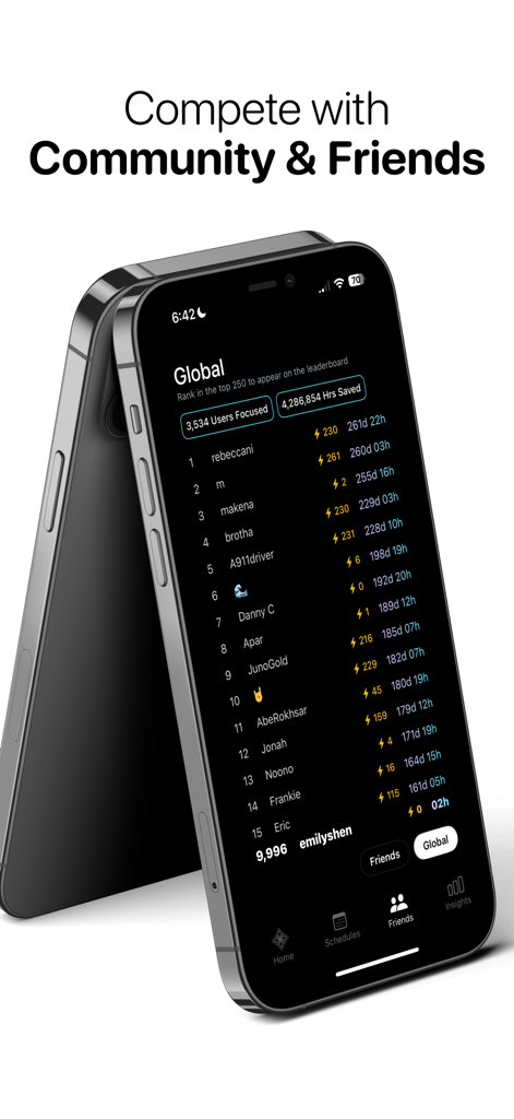 Bloom - Conquer Screen Time - A smartphone display showing the Bloom app global leaderboard where users compete on focus time and hours saved.