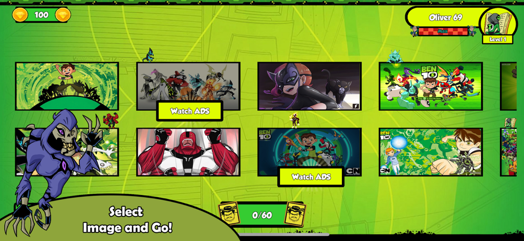 Ben Alien 10 Trivia - Level selection menu in Ben Alien 10 Trivia featuring alien character images and locked content