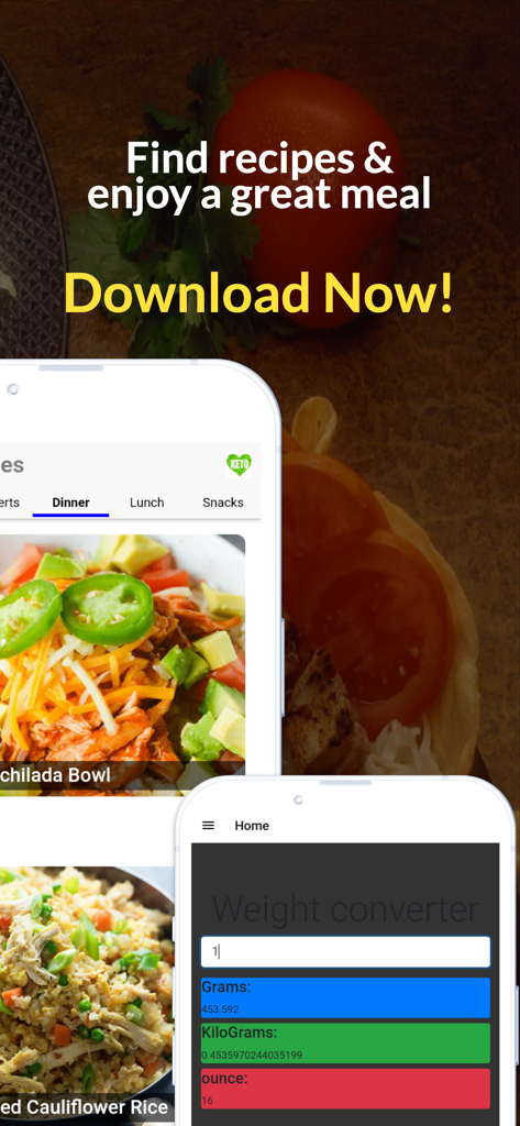 Keto Diet App: Recipes & Tools - Interface of the Keto Diet App featuring keto dinner recipes and a weight converter tool
